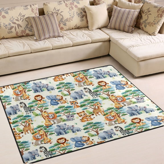 Ryvnso Jungle Animals Lions Elephants Area Rug Floor Mats Non-Slip Home Carpet 80 x 58 inch