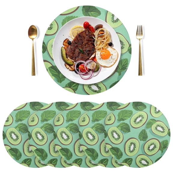 Ryvnso Kiwifruit and Leaves Round Plate Mats Dining Table Placemat Set of 6 for Holiday Decoration