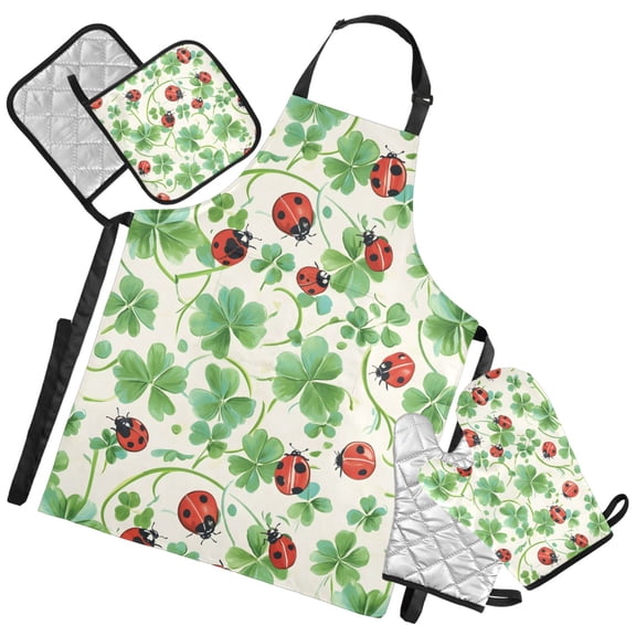 Ryvnso Ladybugs Clover Flower Kitchen Apron Oven Mitts Set Pot Holders