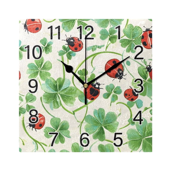 Ryvnso Ladybugs Clover Flower Wall Clock Square Silent Non-Ticking Battery Operated 7.78"