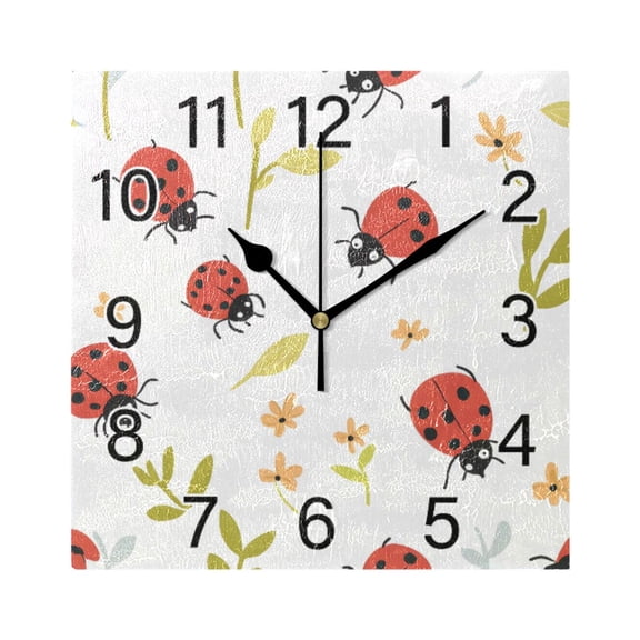 Ryvnso Ladybugs Flowers Wall Clock Square Silent Non-Ticking Battery Operated 7.78"