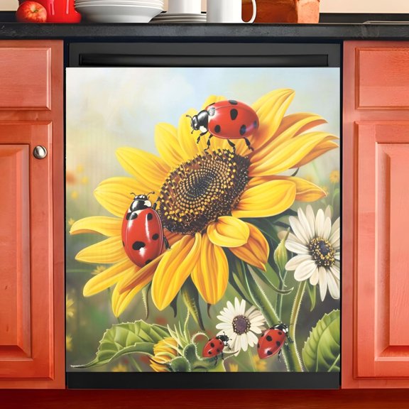 Ryvnso Ladybugs on Sunflowers Daisy Dishwasher Magnetic Refrigerator Magnet Cover Kitchen Home Decorative 23"x26"