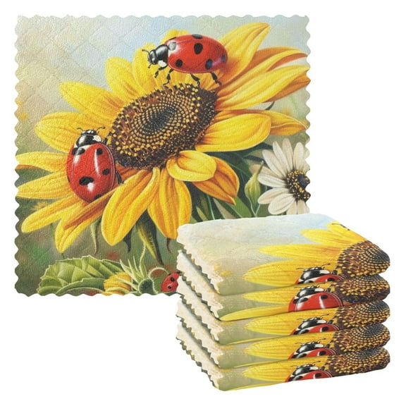 Ryvnso Ladybugs on Sunflowers Daisy Kitchen Towels Dish Clothes for Drying Dishes Cleaning Absorbent Set of 6
