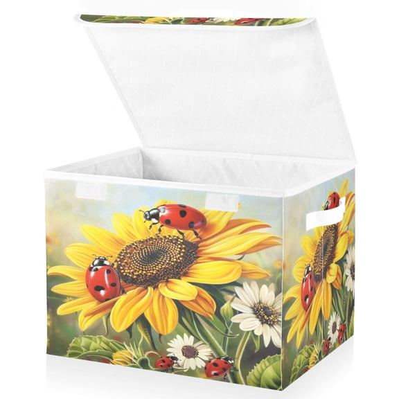 Ryvnso Ladybugs on Sunflowers Daisy Large Lidded Foldable Storage Baskets Cubes Boxes Lids Bin for Home