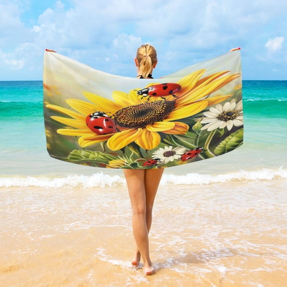 Ryvnso Ladybugs on Sunflowers Daisy Oversized Beach Towel Microfiber Bath Blankets Swimming Fitness 37" x 74"