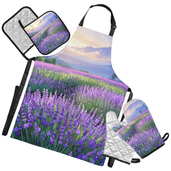 Ryvnso Lavender Field Kitchen Apron Oven Mitts Set Pot Holders
