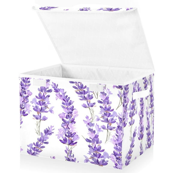 Ryvnso Lavender Flowe Large Lidded Foldable Storage Baskets Cubes Boxes Lids Bin for Home