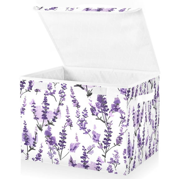 Ryvnso Lavender Flower Large Lidded Foldable Storage Baskets Cubes Boxes Lids Bin for Home