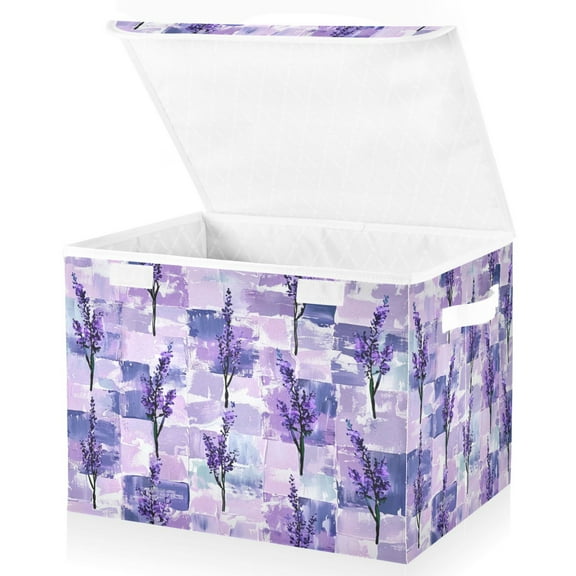 Ryvnso Lavender on Grid Large Lidded Foldable Storage Baskets Cubes Boxes Lids Bin for Home