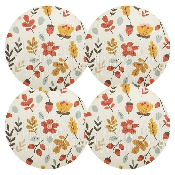 Ryvnso Leaves Flowers Acorn Round Plate Mats Dining Table Placemat Set of 4 for Holiday Decoration