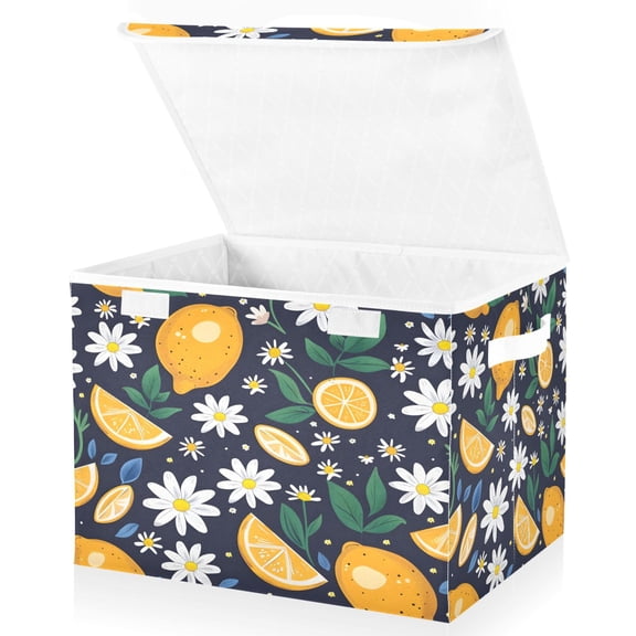 Ryvnso Lemon Daisy Floral Large Lidded Foldable Storage Baskets Cubes Boxes Lids Bin for Home
