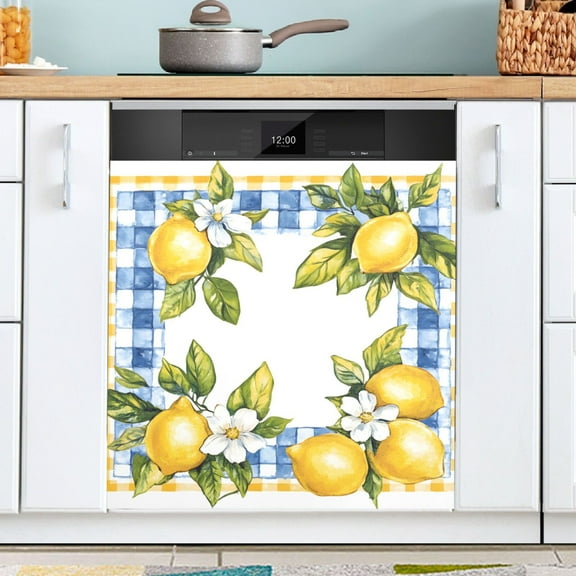 Ryvnso Lemon and Checkered Grid Pattern Dishwasher Magnetic Refrigerator Magnet Cover Kitchen Home Decorative 23"x26"