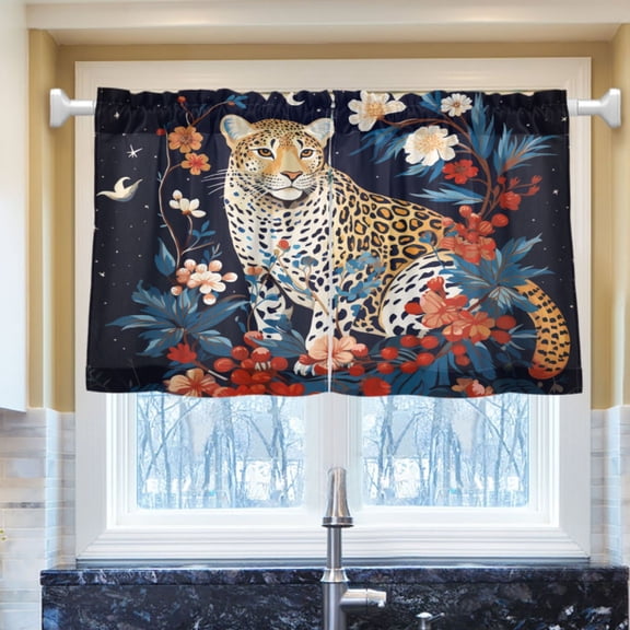 Ryvnso Leopard Cherry Flower Half Curtains Sets Tier 2 Panels Short Curtain Rod Pocket 27"W x 24"L