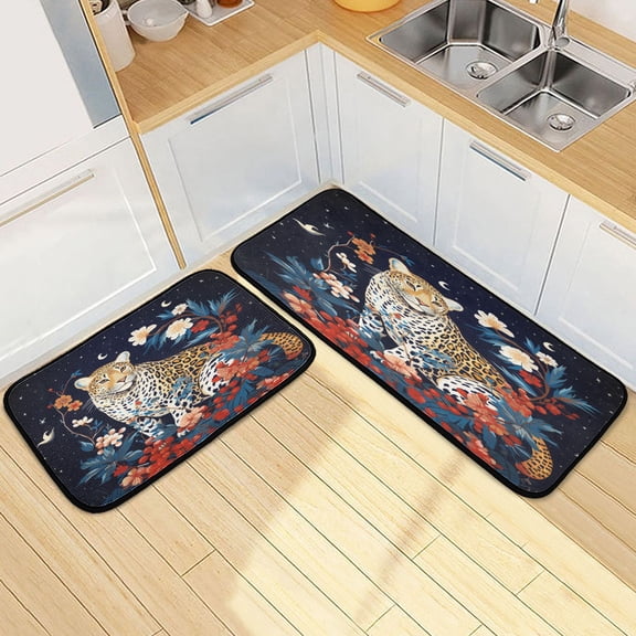Ryvnso Leopard Cherry Flower Kitchen Rugs Set Non Slip Runner Mats for Dining Room