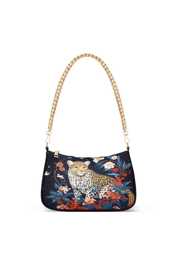Leopard Cherry Flower Womens Chain Shoulder Bag Tote Handbags Clutch Hobo Purse with Zipper for Travel