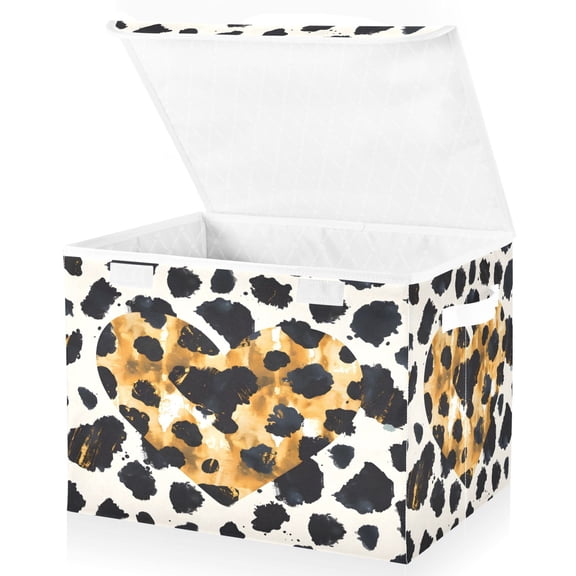 Ryvnso Leopard Skin Heart Large Lidded Foldable Storage Baskets Cubes Boxes Lids Bin for Home