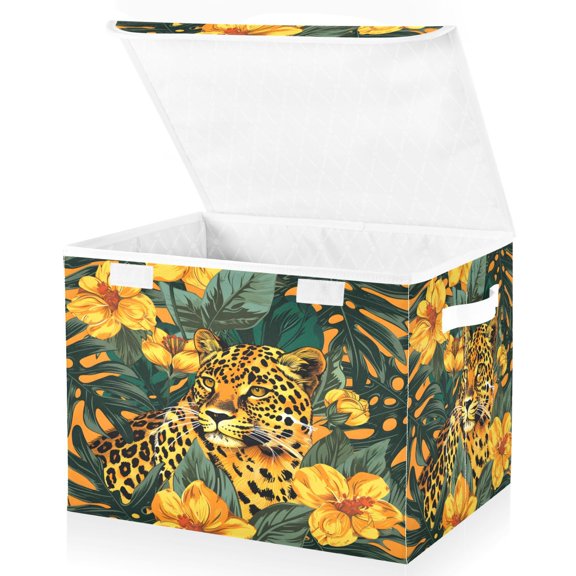 Ryvnso Leopard and Palm Leave Large Lidded Foldable Storage Baskets Cubes Boxes Lids Bin for Home