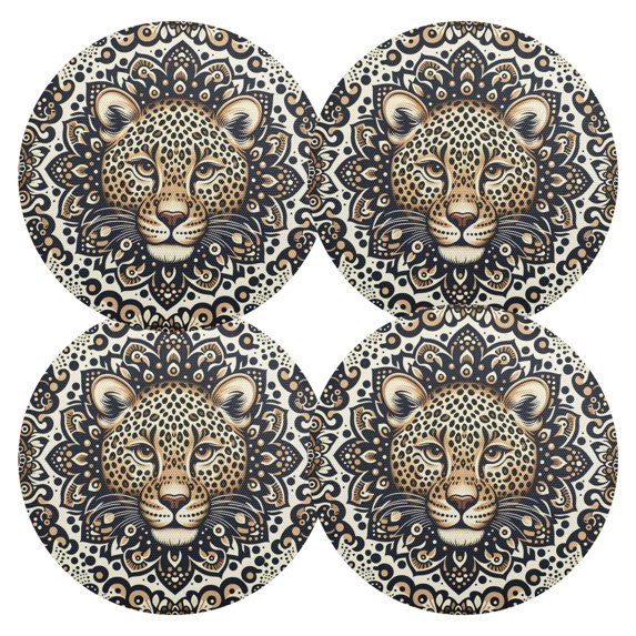 Ryvnso Leopard with Boho Pattern Round Plate Mats Dining Table Placemat Set of 4 for Holiday Decoration