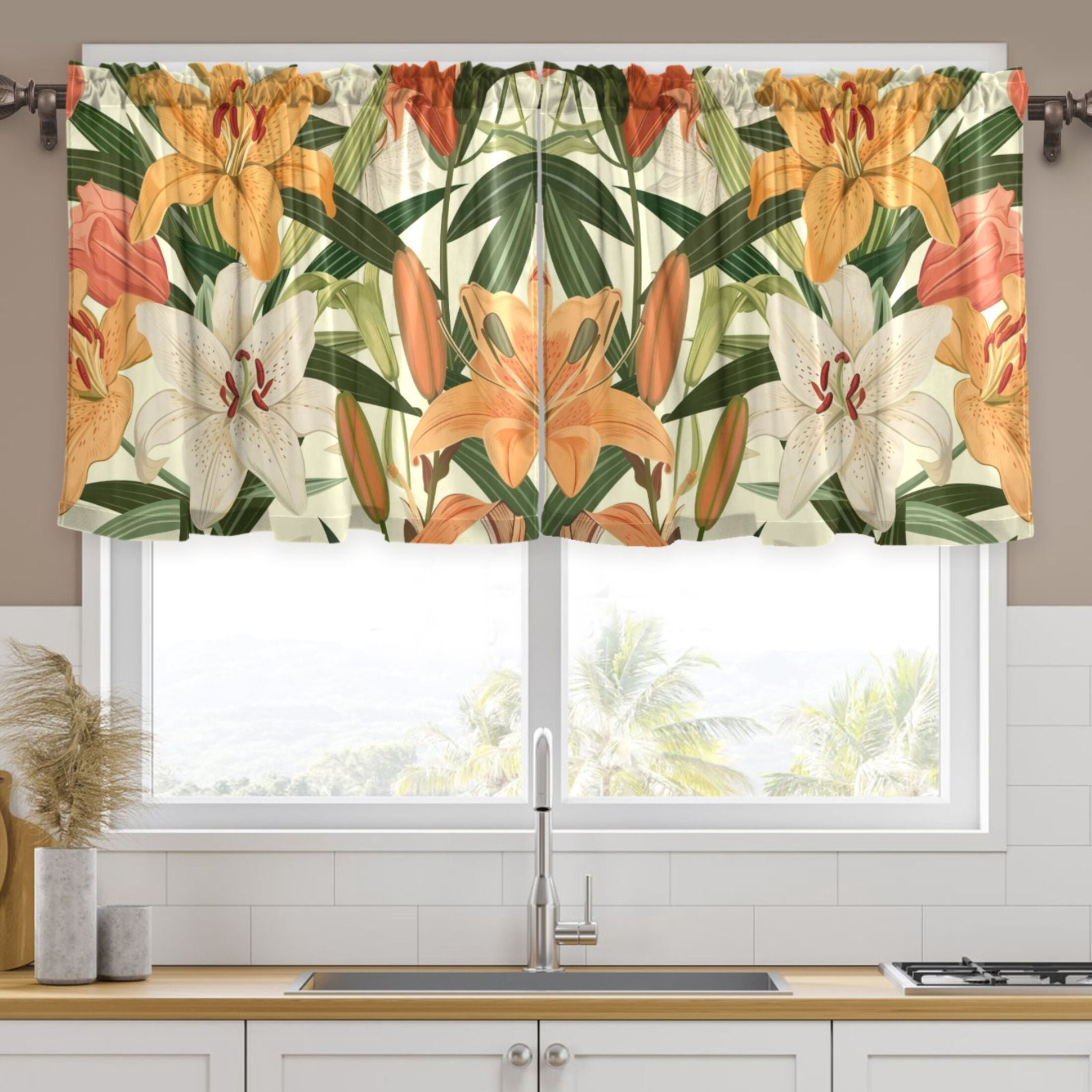 Ryvnso Lily Flower Curtains Sets Short Curtain Rod Pocket Half Window ...