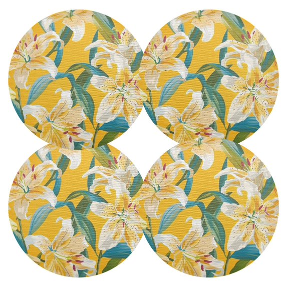 Ryvnso Lily Flowers Green Leaves Round Plate Mats Dining Table Placemat Set of 4 for Holiday Decoration