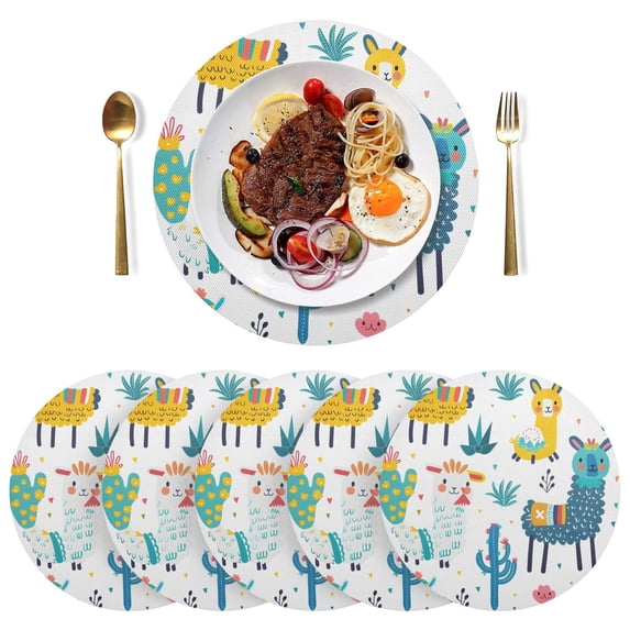 Ryvnso Llamas Cactus Round Plate Mats Dining Table Placemat Set of 6 for Holiday Decoration
