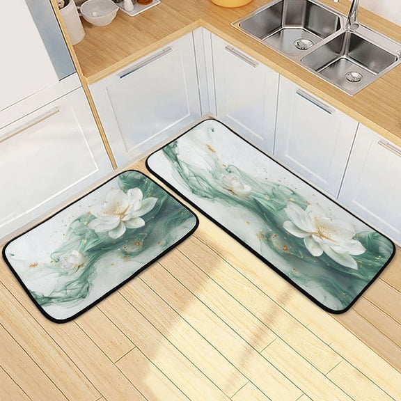 Ryvnso Lotus Flower on Marble Kitchen Rugs Set Non Slip Runner Mats for Dining Room