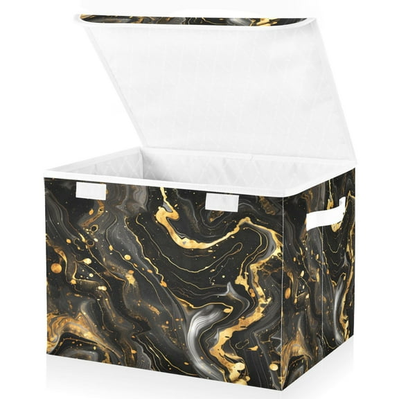 Ryvnso Luxury Black and Gold Marble Large Lidded Foldable Storage Baskets Cubes Boxes Lids Bin for Home