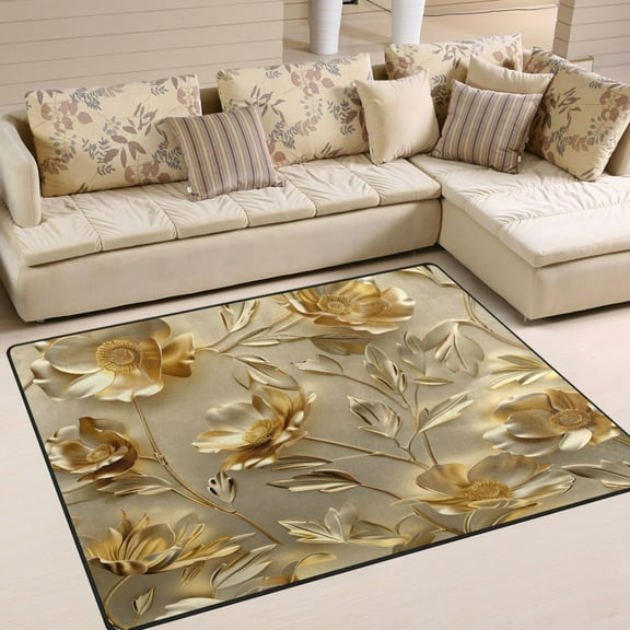Ryvnso Luxury Gold Flower Area Floor Rugs Soft Non-Slip Large Mats Nursery Carpets 63" x 48"