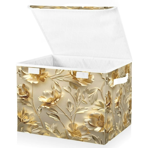 Ryvnso Luxury Gold Flower Large Lidded Foldable Storage Baskets Cubes Boxes Lids Bin for Home
