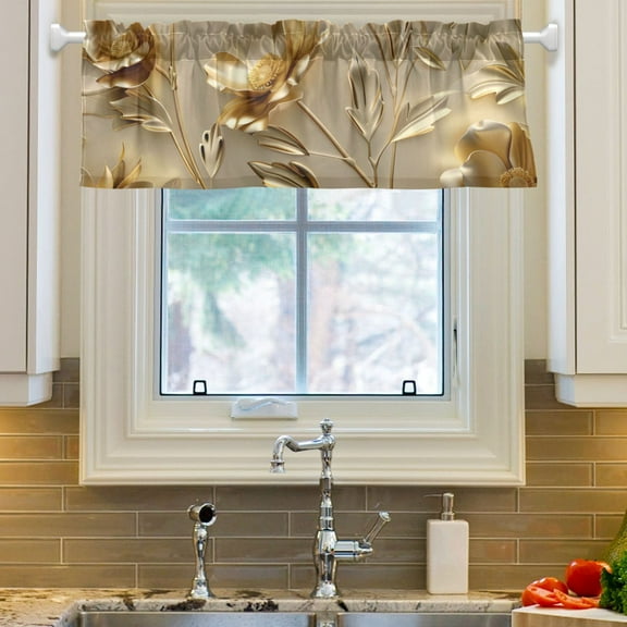 Ryvnso Luxury Gold Flower Window Valance Kitchen Farmhouse Rod Pocket Short Curtain 54x18 inch