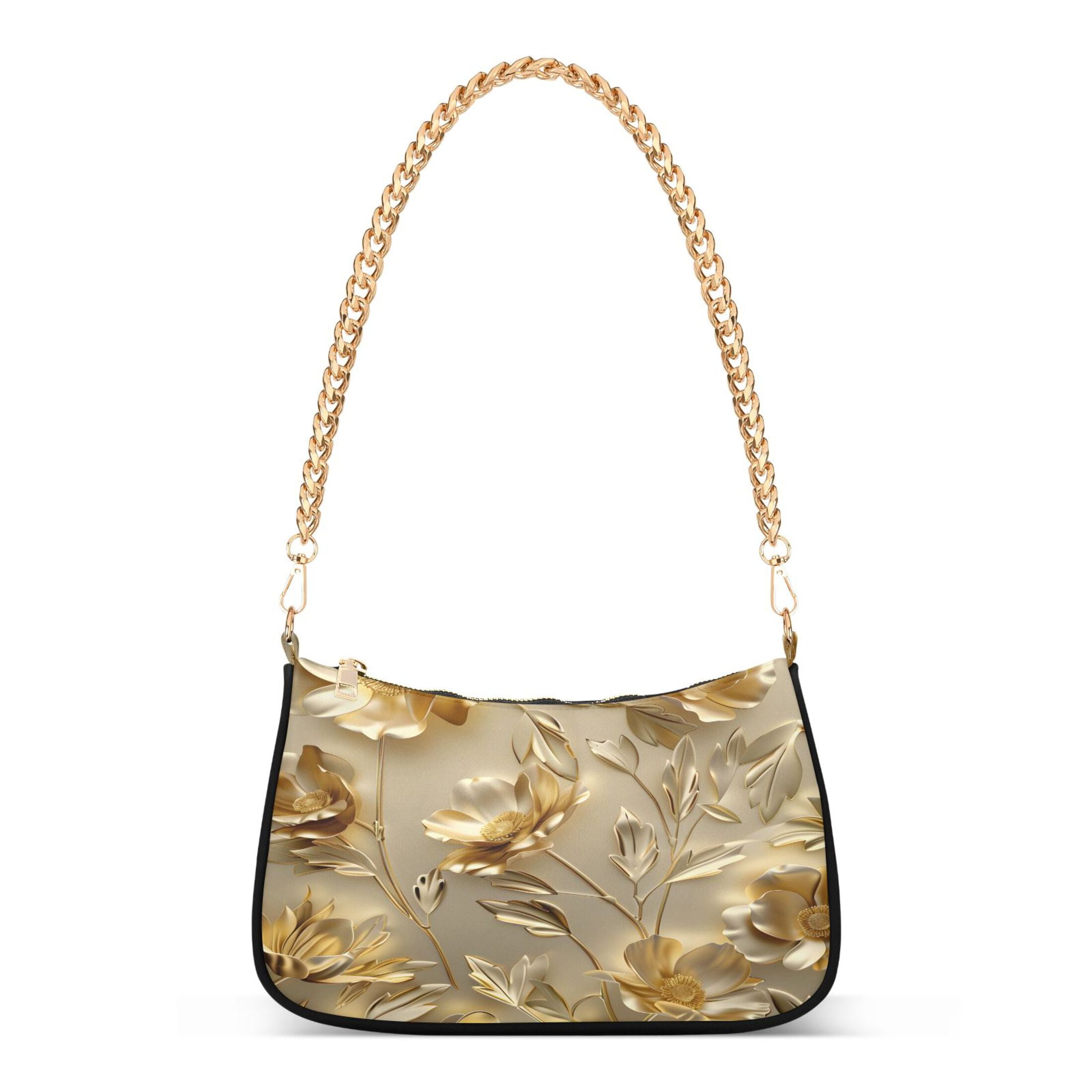 Ryvnso Luxury Gold Flower Womens Chain Shoulder Bag Tote Handbags Clutch Hobo Purse with Zipper for Travel