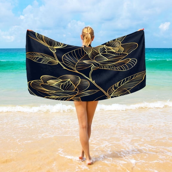 Ryvnso Luxury Golden Rose Flower Oversized Beach Towel Microfiber Bath Blankets Swimming Fitness 37" x 74"