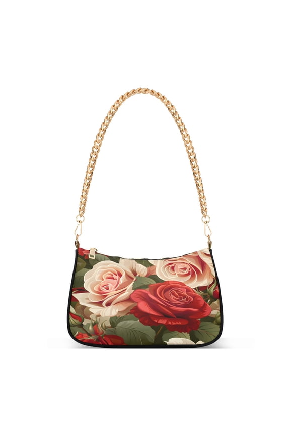 Luxury Roses Flower Womens Chain Shoulder Bag Tote Handbags Clutch Hobo Purse with Zipper for Travel