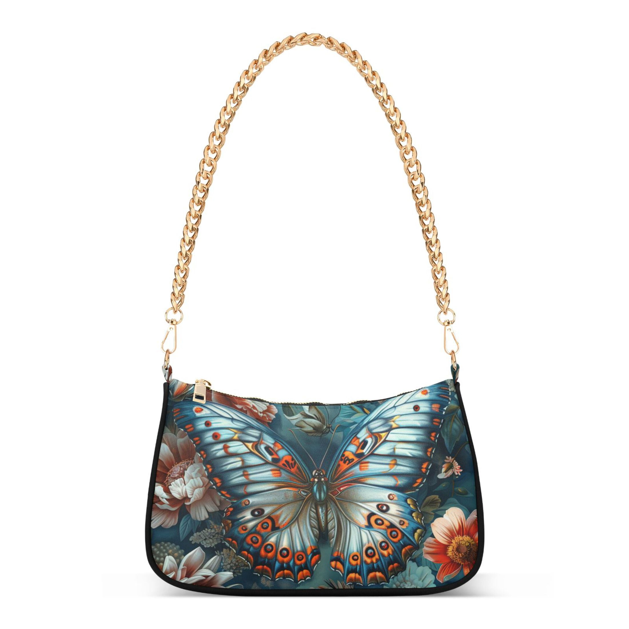 Ryvnso Magic Butterfly on Floral Womens Chain Shoulder Bag Tote Handbags Clutch Hobo Purse with Zipper for Travel