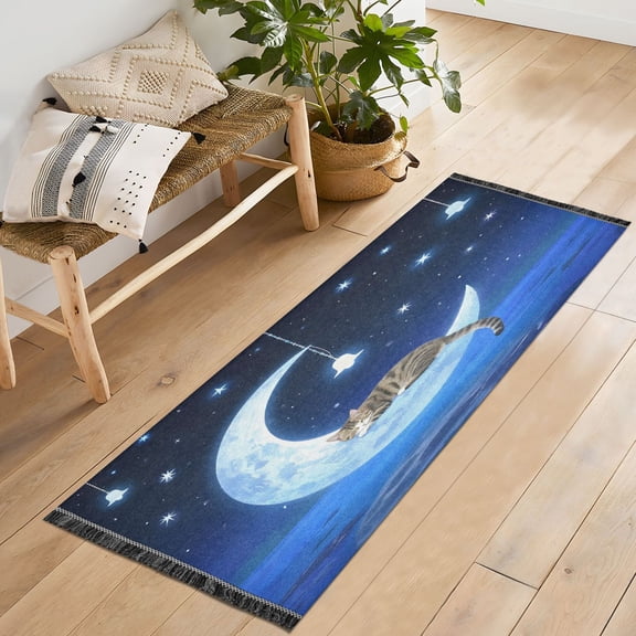 Ryvnso Magic Cat Night Bedroom Runner Rug 2'x6' Hallway Area Carpet Non Slip Entryway Mat with Tassels