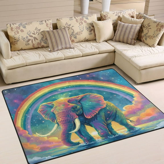 Ryvnso Magic Elephant with Rainbow Area Floor Rugs Soft Non-Slip Large Mats Nursery Carpets 80" x 58"