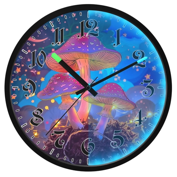 Ryvnso Magic Mushroom Stars Moon 12 Inch Night Light Wall Clock Luminous Silent Battery Operate Clocks