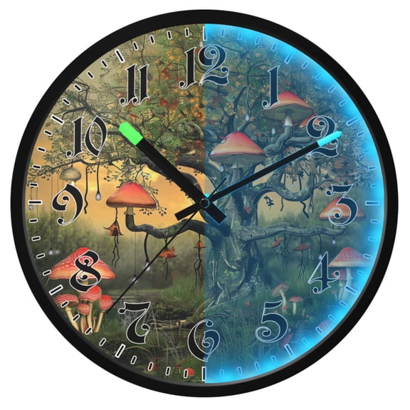 Ryvnso Magic Mushroom on Tree 12 Inch Night Light Wall Clock Luminous Silent Battery Operate Clocks