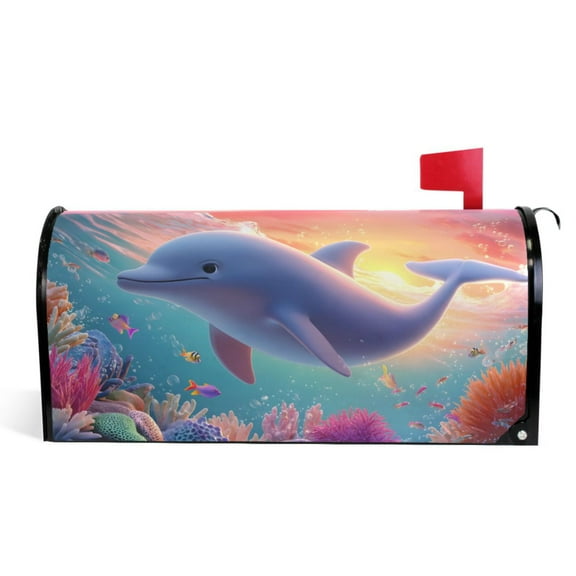 Ryvnso Mailbox Cover Cartoon Dolphin Coral Sunset Magnetic Mailbox Wrap Standard Size 21x18 Inch