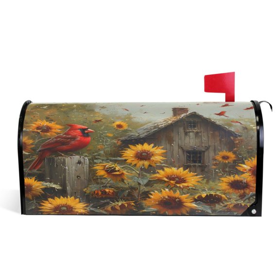 Ryvnso Mailbox Cover Magnetic Cardinal with Sunflowers Mailbox Wrap Large Size 25.5x21 Inch
