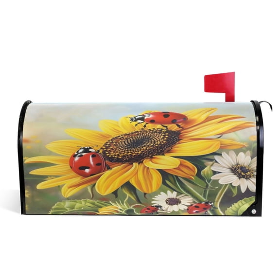 Ryvnso Mailbox Cover Magnetic Ladybugs on Sunflowers Daisy Mailbox Wrap Large Size 25.5x21 Inch