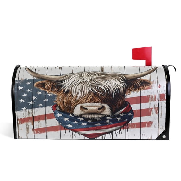 Ryvnso Mailbox Cover Magnetic Retro Highland Cattle Usa Flag Mailbox Wrap Large Size 25.5x21 Inch