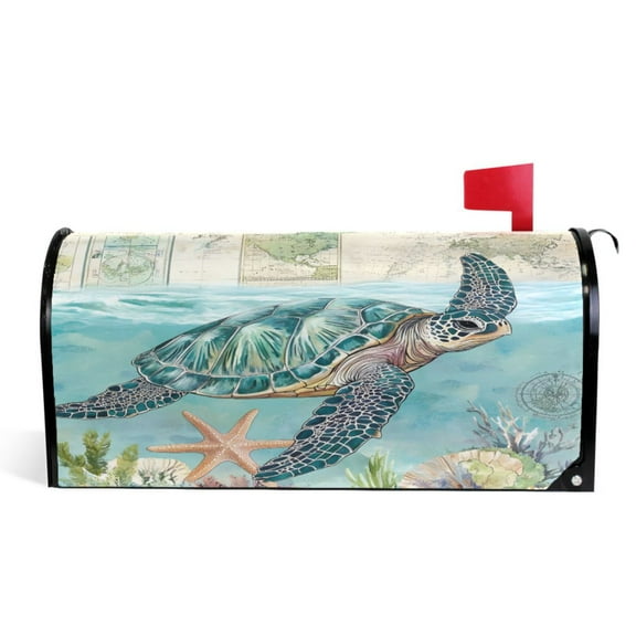 Ryvnso Mailbox Cover Magnetic Retro Turtle and Map Mailbox Wrap Large Size 25.5x21 Inch