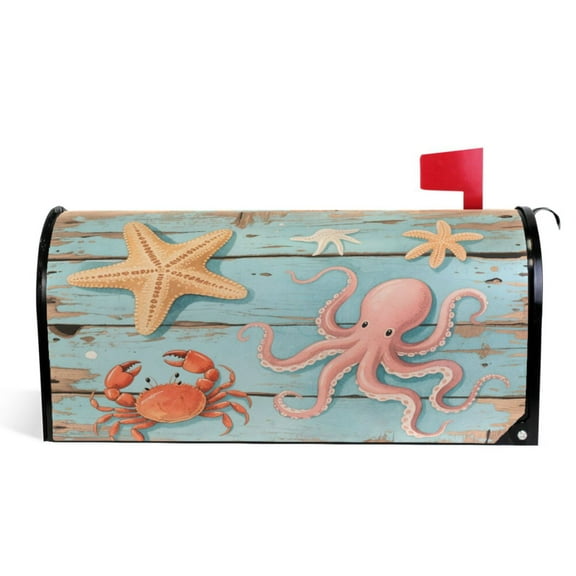 Ryvnso Mailbox Cover Magnetic Starfish Octopus on Wooden Mailbox Wrap Large Size 25.5x21 Inch