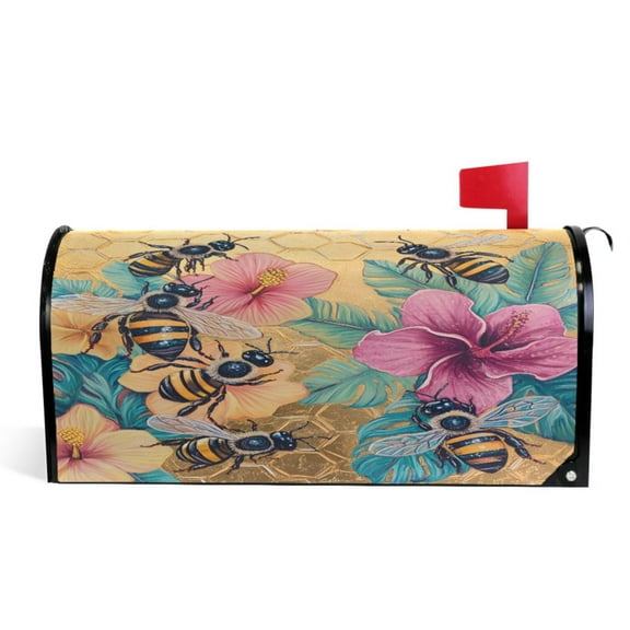 Ryvnso Mailbox Cover Retro Bee Flower Magnetic Mailbox Wrap Standard Size 21x18 Inch