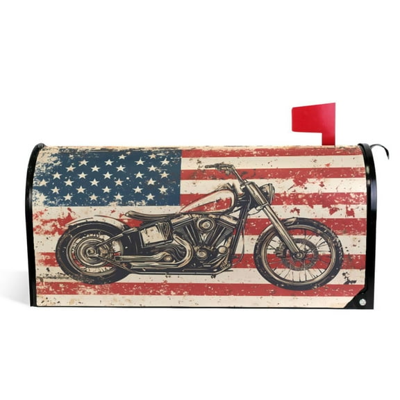 Ryvnso Mailbox Cover Vintage Motorcycle on America Flag Magnetic Mailbox Wrap Standard Size 21x18 Inch