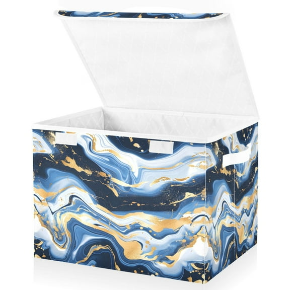 Ryvnso Marble Blue Gold White Abstract Large Lidded Foldable Storage Baskets Cubes Boxes Lids Bin for Home