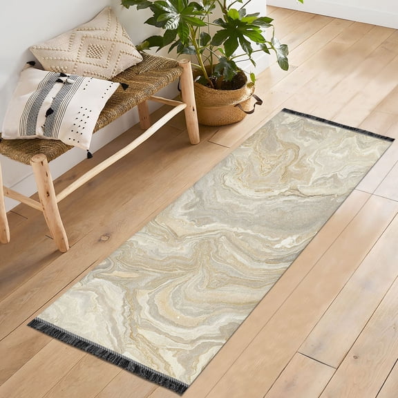 Ryvnso Marble Golden Bedroom Runner Rug 2'x6' Hallway Area Carpet Non Slip Entryway Mat with Tassels