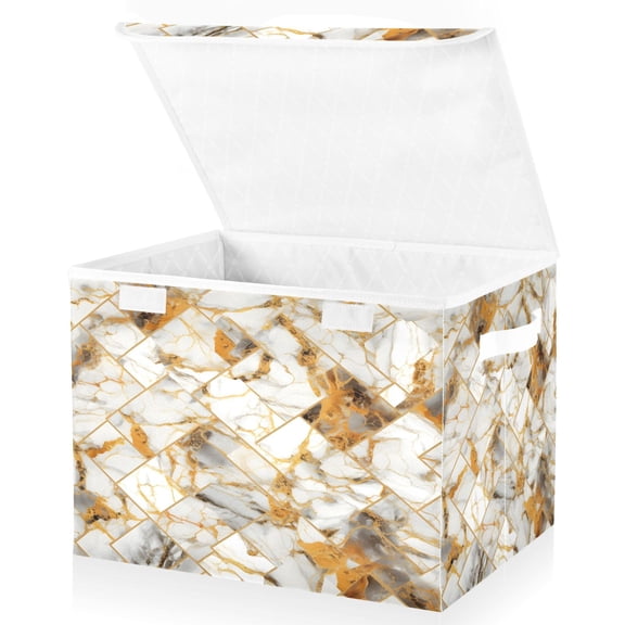 Ryvnso Marble Golden Large Lidded Foldable Storage Baskets Cubes Boxes Lids Bin for Home