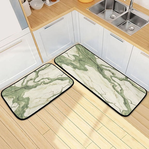 Ryvnso Marble Green Kitchen Rugs Set Non Slip Runner Mats for Dining Room